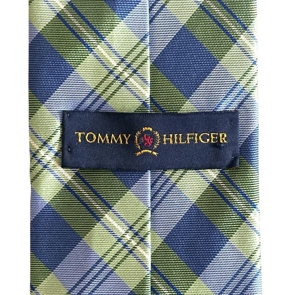 Tommy Hilfiger 100% Silk Patternblock Tie Blue/Green Plaid & Navy/White Stripe